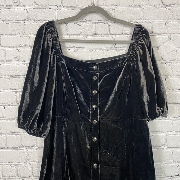 J Crew Black Puff Sleeve Velvet Button Front Dress Square Neck - Picture 7 of 12